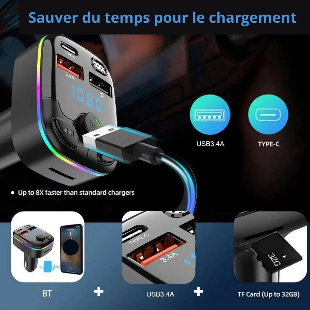 Chargeur voiture pour telephone 5.0 MP3 - Bluetooth - USB - bouche a l'oreille